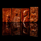 Four milk chocolate art bars with embossed relief designs displayed in a row: The Scream with expressive figure, Girl with a Pearl Earring portrait, Cafe Terrace with street scene, and Sitting Buddha with meditative figure, shown against a black background